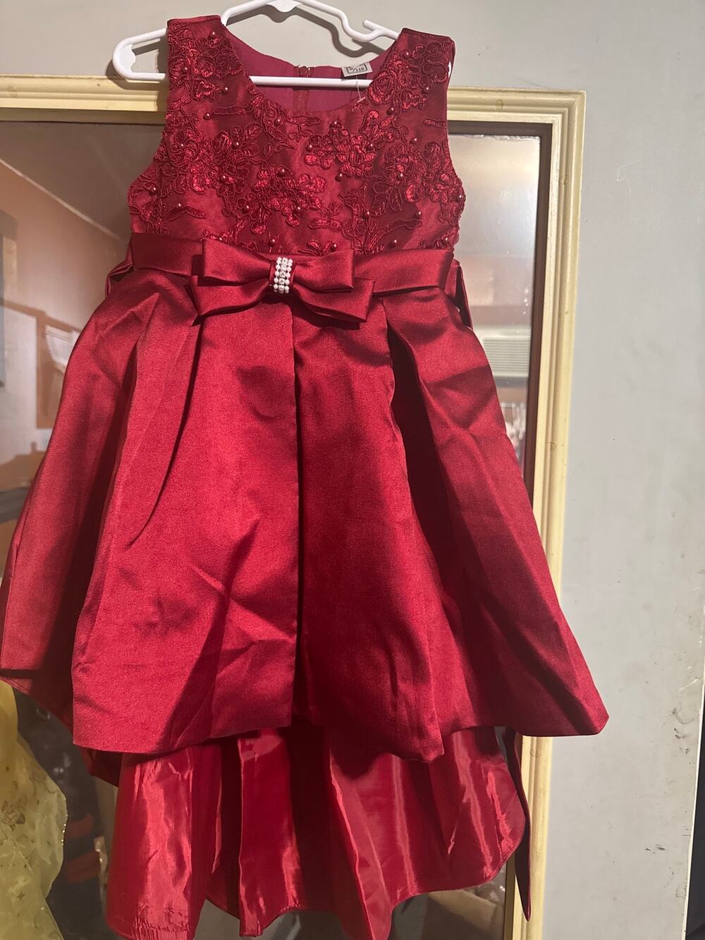 IWEWEK Girls Burgundy Formal High Low Dress Lace Pearl Bow Size 8/110 NWT